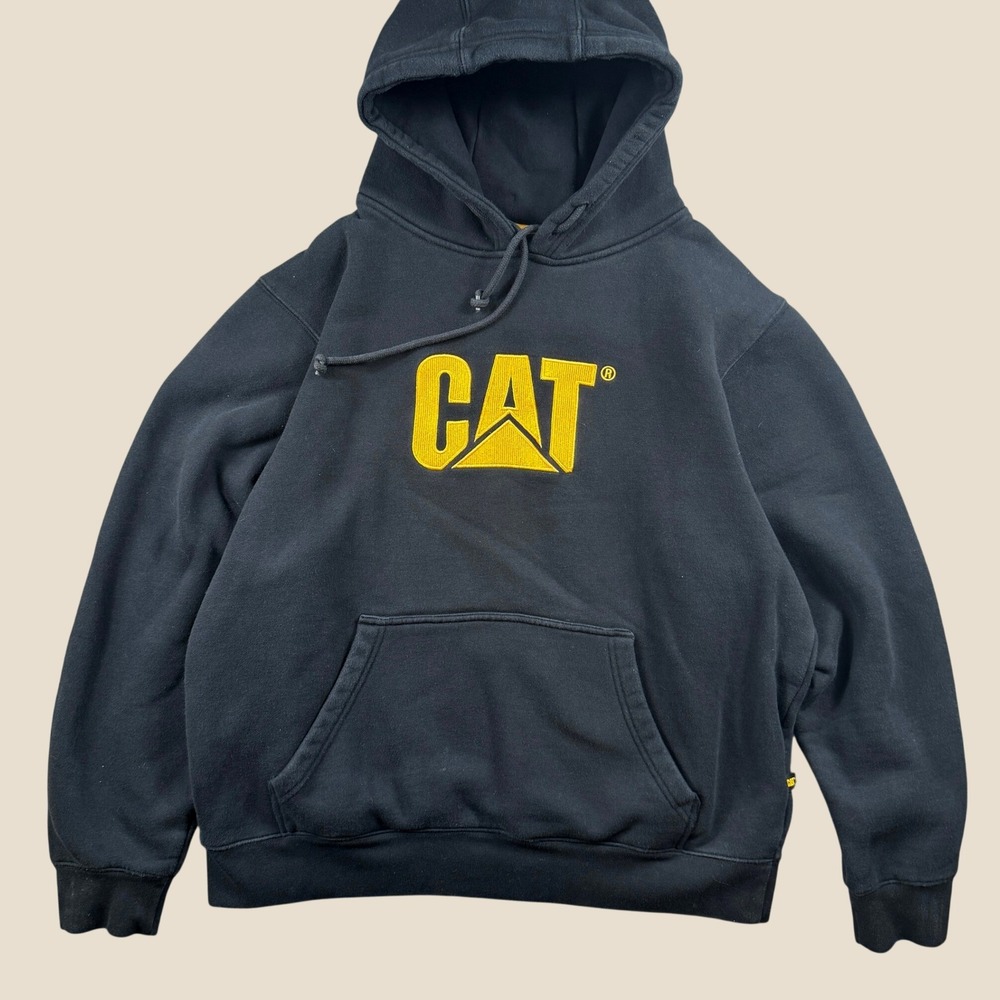 Caterpillar Hoodie Men XL Black Yellow Logo Pullover Workwear Streetwear Skater‎